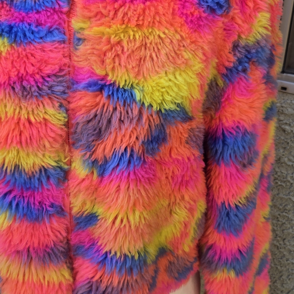 Hot & Delicious Vibrant Multicolor Faux Fur Zip Jacket - Neon Rainbow - Picture 4 of 9